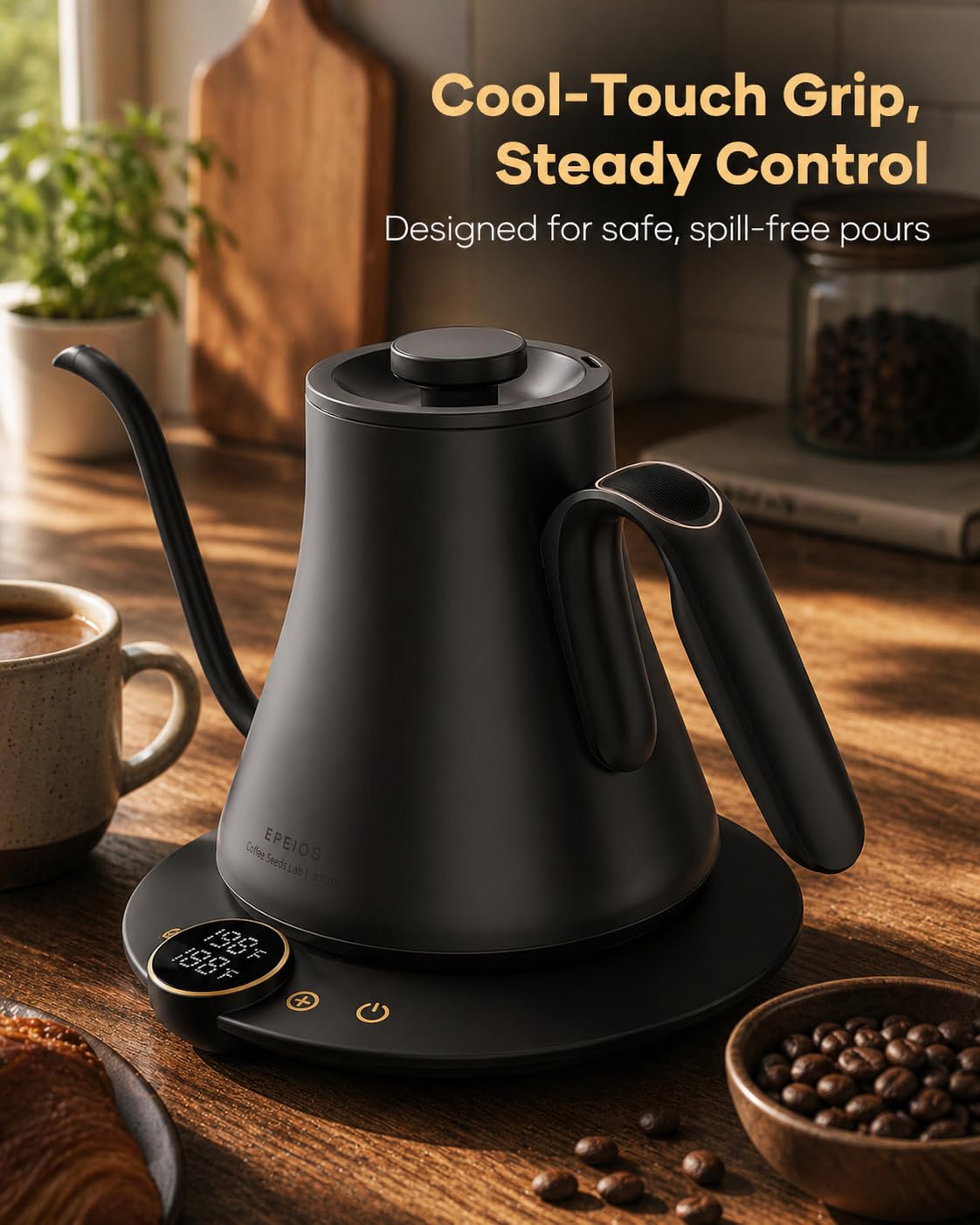 Cocinare Gooseneck Kettle keep-warm function maintains temperature.