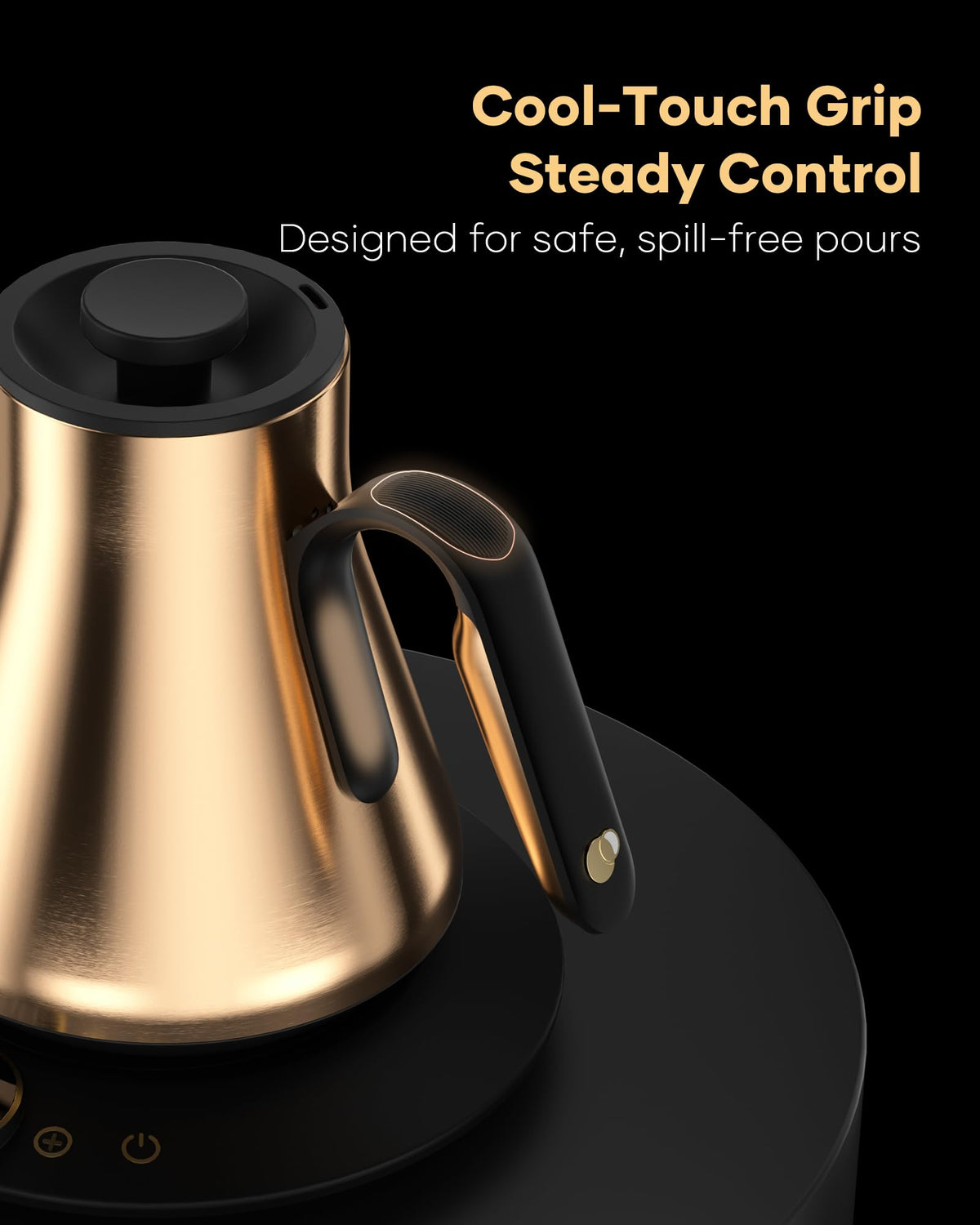 Cocinare Gustav Gold gooseneck kettle 0.9L capacity ideal for single servings.