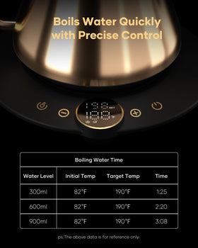 Cocinare Gustav Gold gooseneck kettle brew timer helps repeat precise brews.