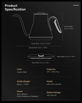 Cocinare Gustav Gold gooseneck kettle easy-to-use controls for beginners.