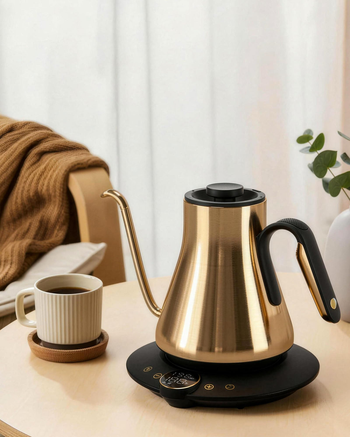 Cocinare Gustav Gold gooseneck kettle pour action over cup highlighting steady flow.