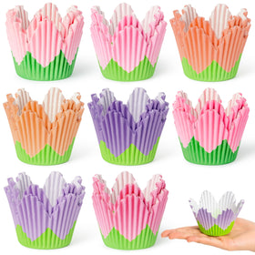 COcnny flower cupcake liners with pastel petals for spring party treats.