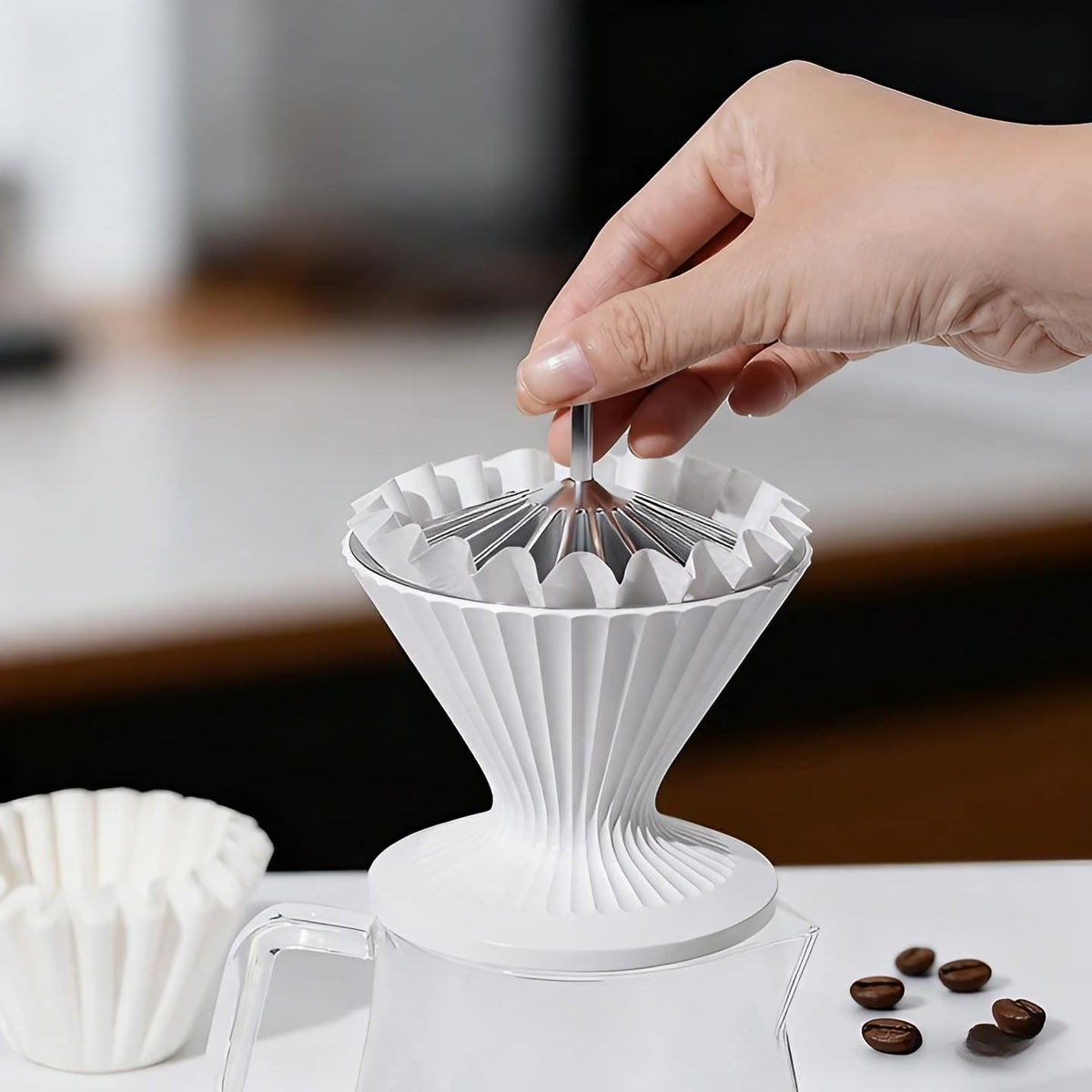 Codale presser compatible with basket and V60 papers for versatile brewing