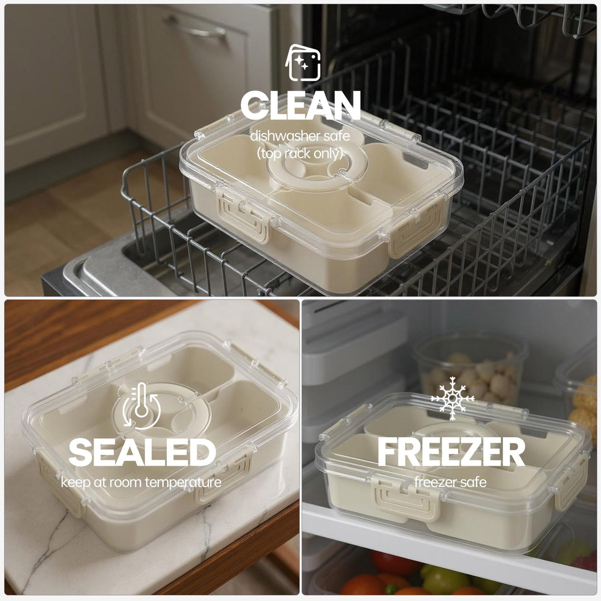 CODIEKEY Snackle Box divided tray with removable cups for easy portioning.
