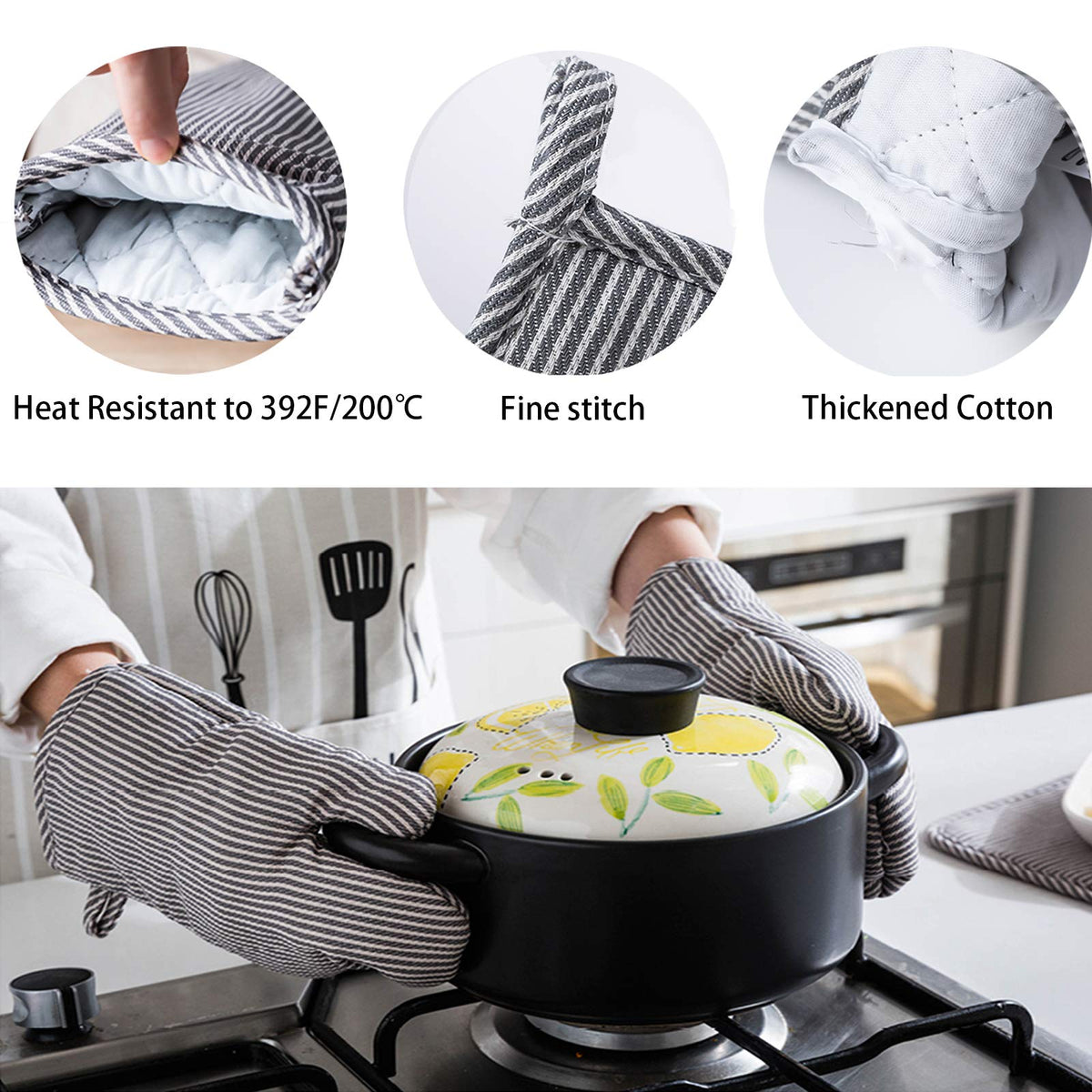 CoekMoed oven mitts featuring rope hanger for easy storage.