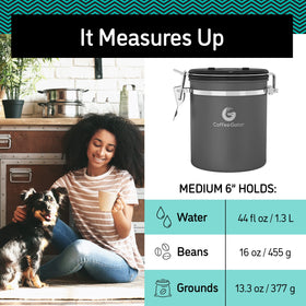 Coffee Gator canister with beans inside demonstrates airtight storage for aroma
