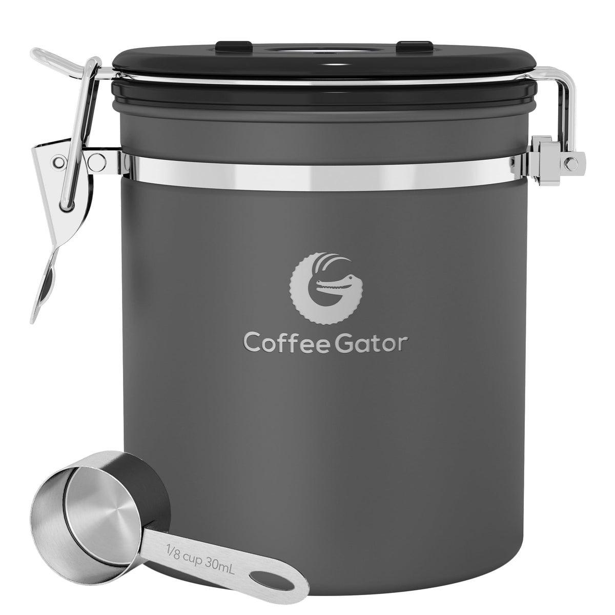 Coffee Gator 16oz canister front view showcases sleek gray finish for fresh coffee storage