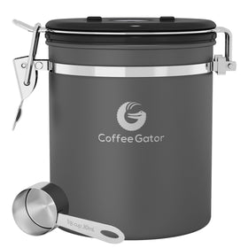 Coffee Gator 16oz canister front view showcases sleek gray finish for fresh coffee storage