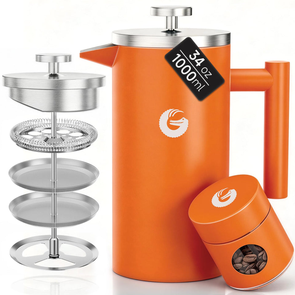 Coffee Gator French Press 34oz with orange finish keeps brew hot on the go.