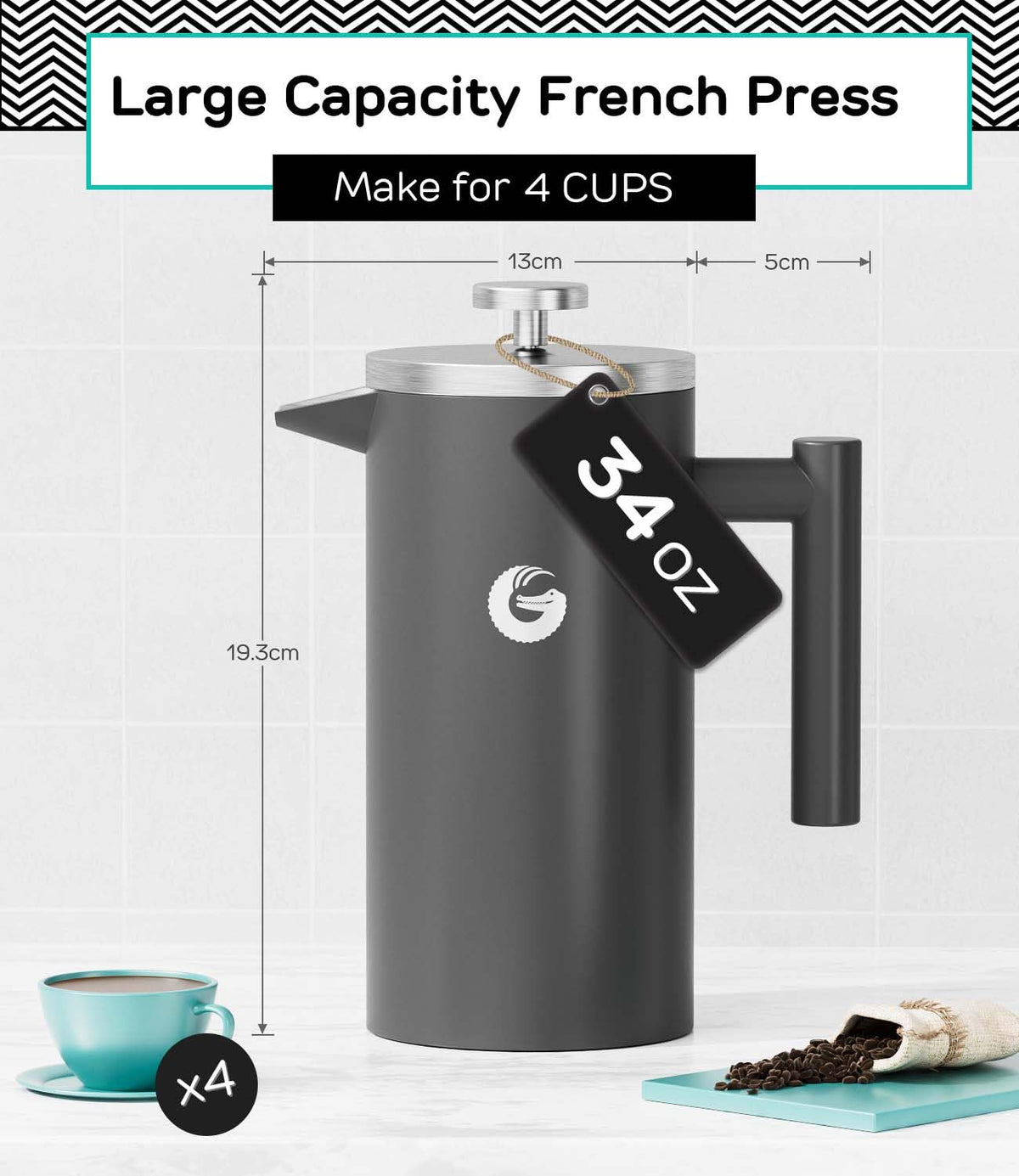 Coffee Gator French Press four-level filtration for a cleaner cup.