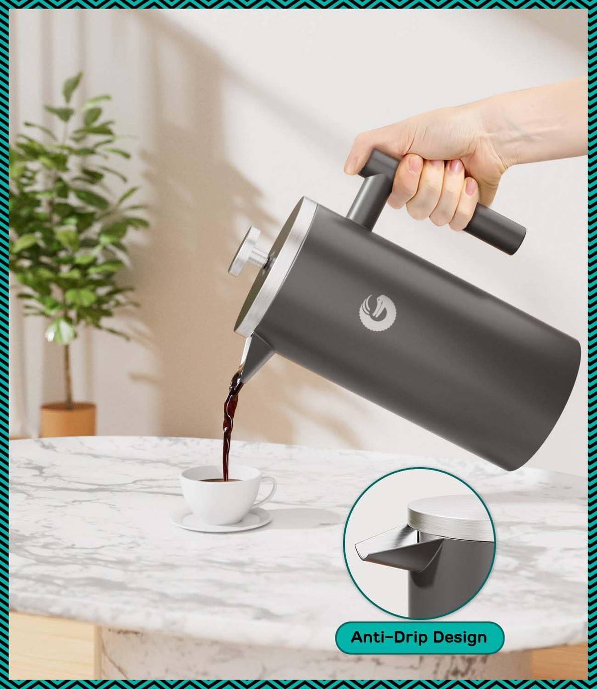 Coffee Gator French Press durable stainless steel body resists rust.