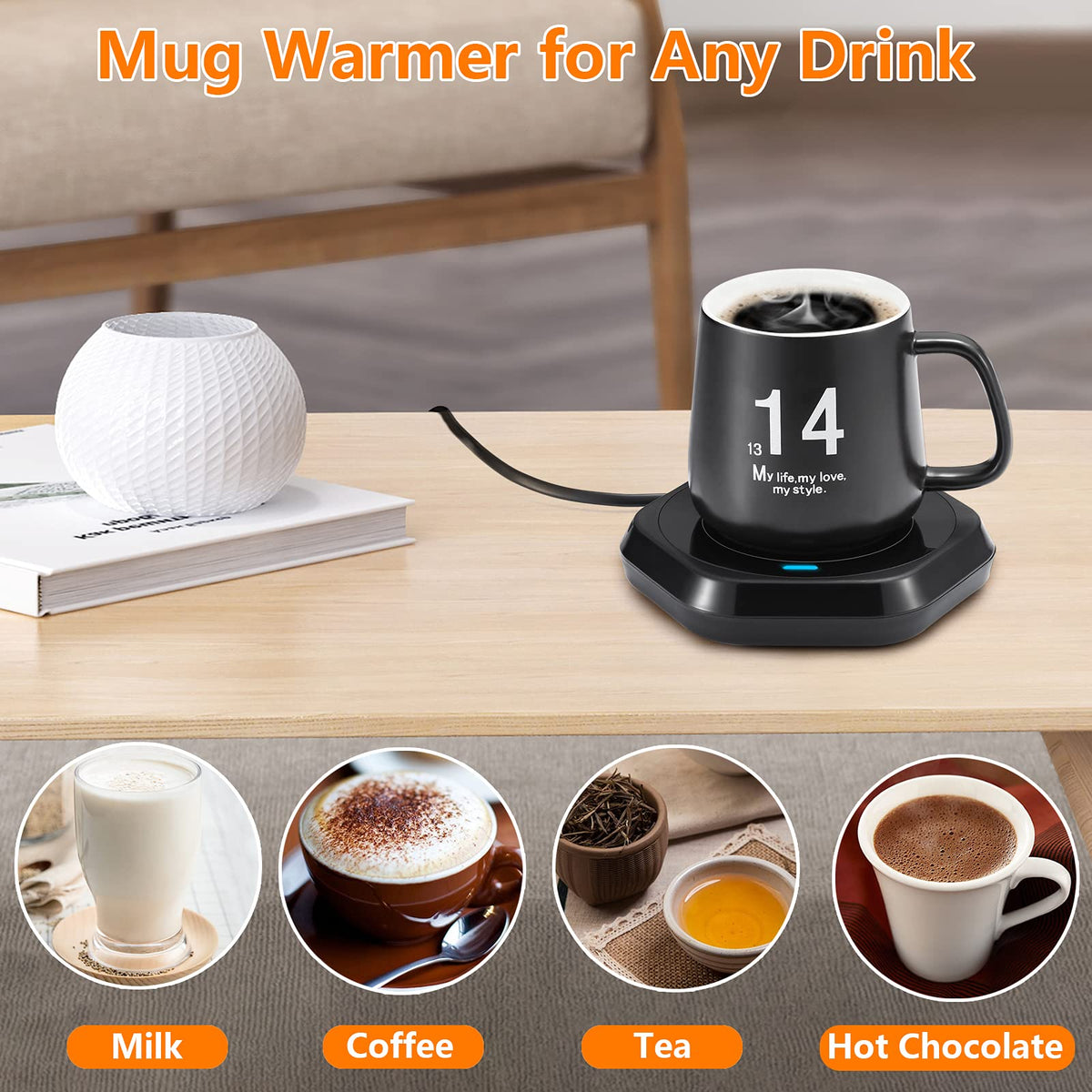 COFFEE MUG WARMER on a tidy desk setup beside a laptop