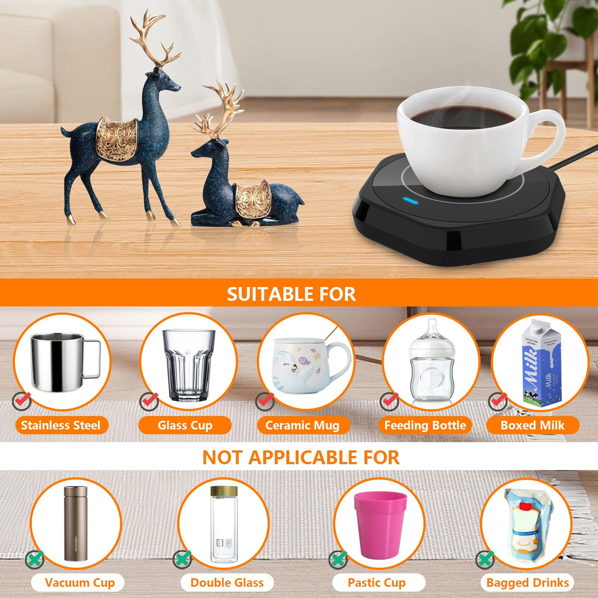 COFFEE MUG WARMER supports flat-bottom mugs in ceramic, glass, and stainless steel