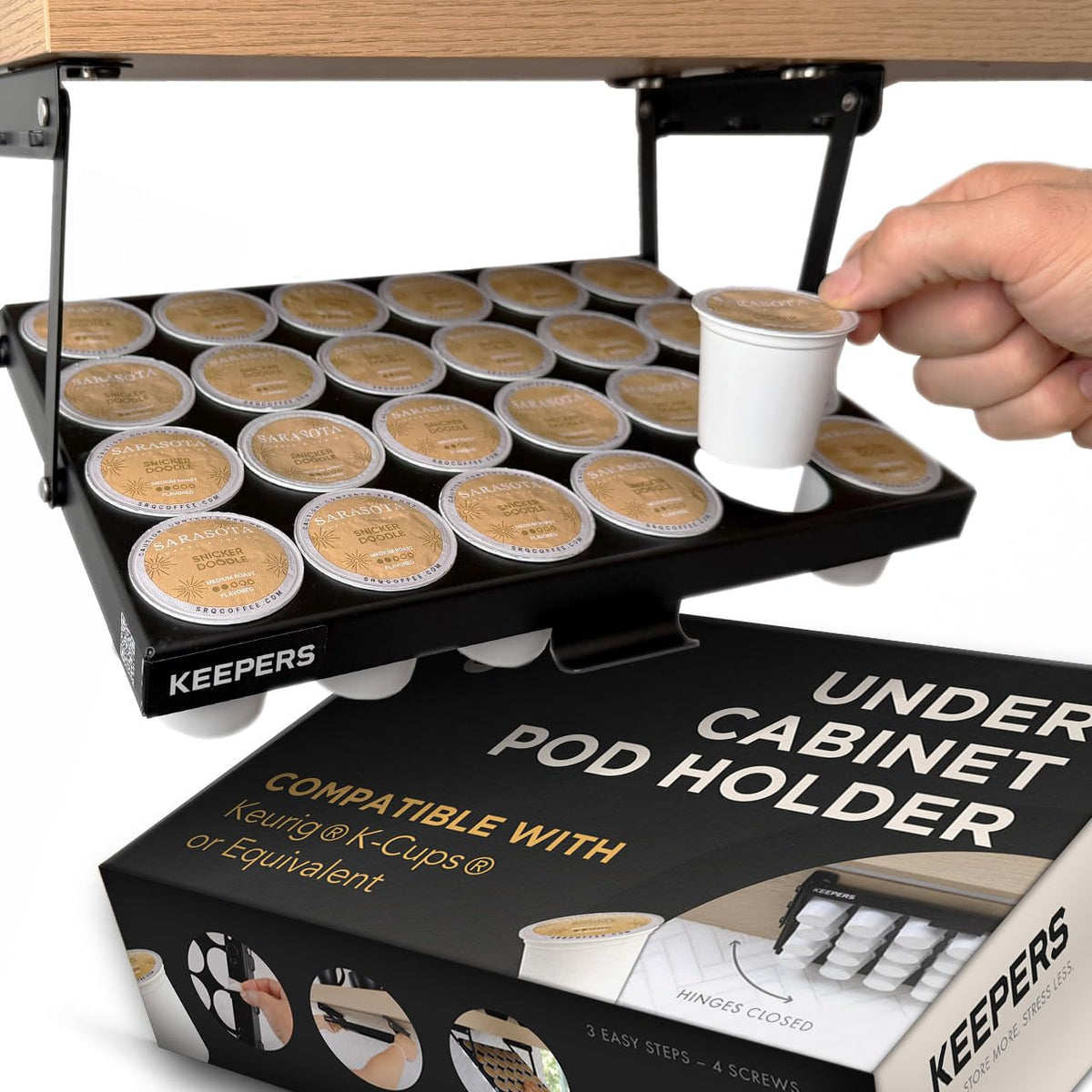 COFFEEKEEPERS Keepers under-cabinet K Cup holder keeps 24 pods neatly organized and reachable.
