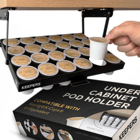 COFFEEKEEPERS Keepers under-cabinet K Cup holder keeps 24 pods neatly organized and reachable.