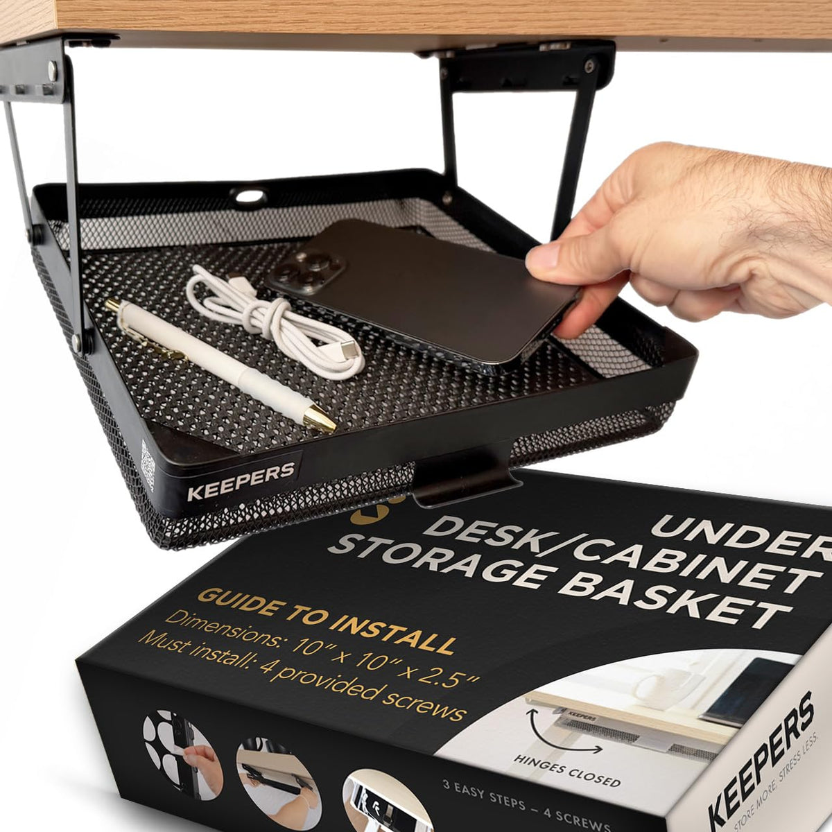 COFFEEKEEPERS Keepers under-desk drawer front view keeps essentials within easy reach.