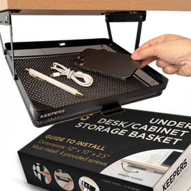 COFFEEKEEPERS under-desk drawer slide-out opens for easy access and space-saving storage.