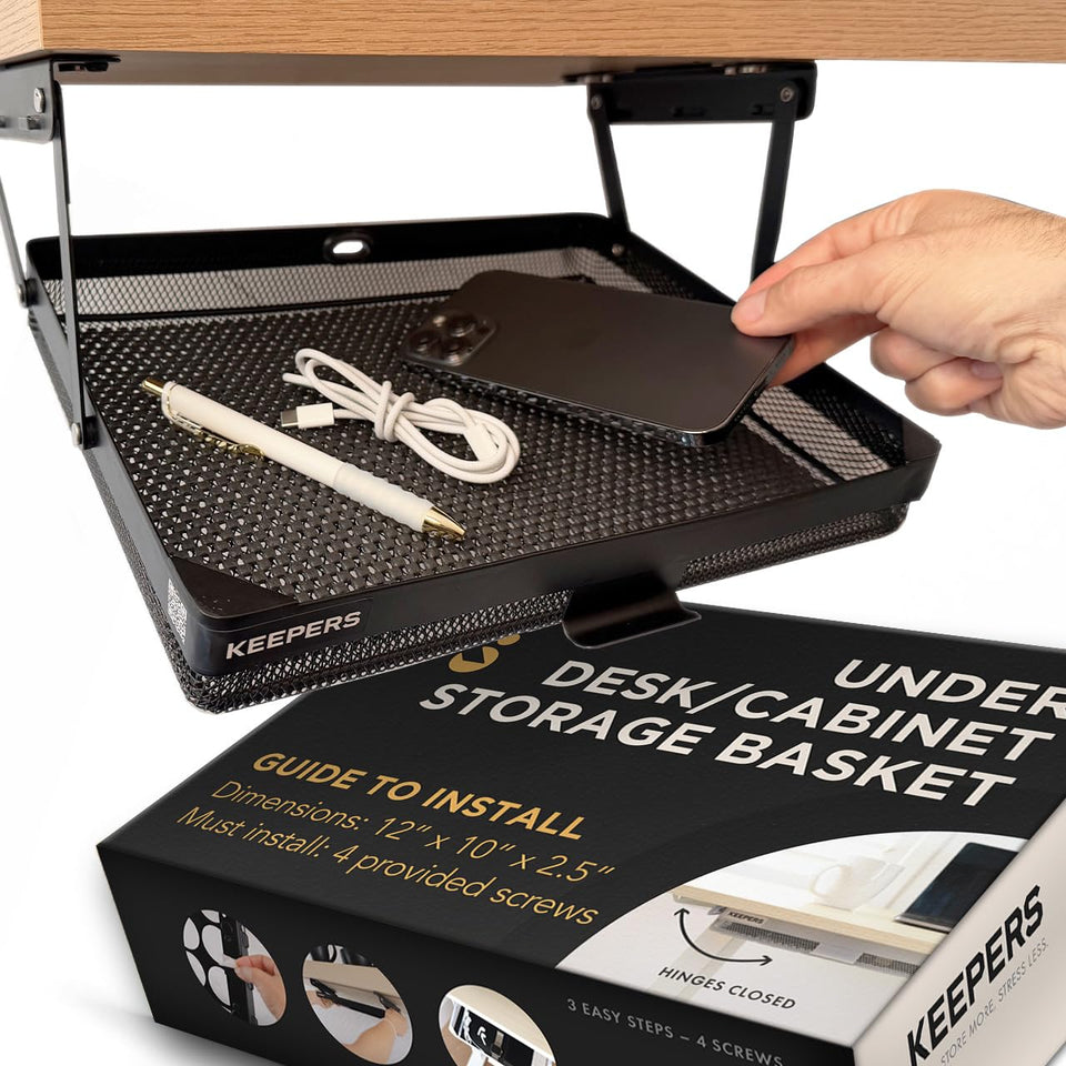 COFFEEKEEPERS under-desk drawer slide-out opens for easy access and space-saving storage.