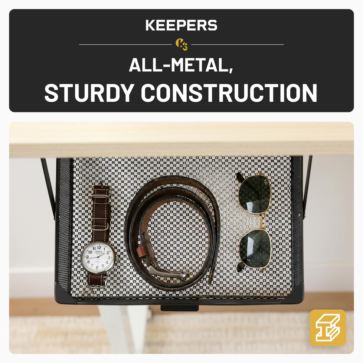 COFFEEKEEPERS under-desk organizer in action frees desktop space with easy access.