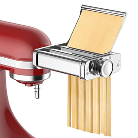 Cofun 3-in-1 pasta attachment mounted on a KitchenAid mixer ready to roll dough for quick pasta