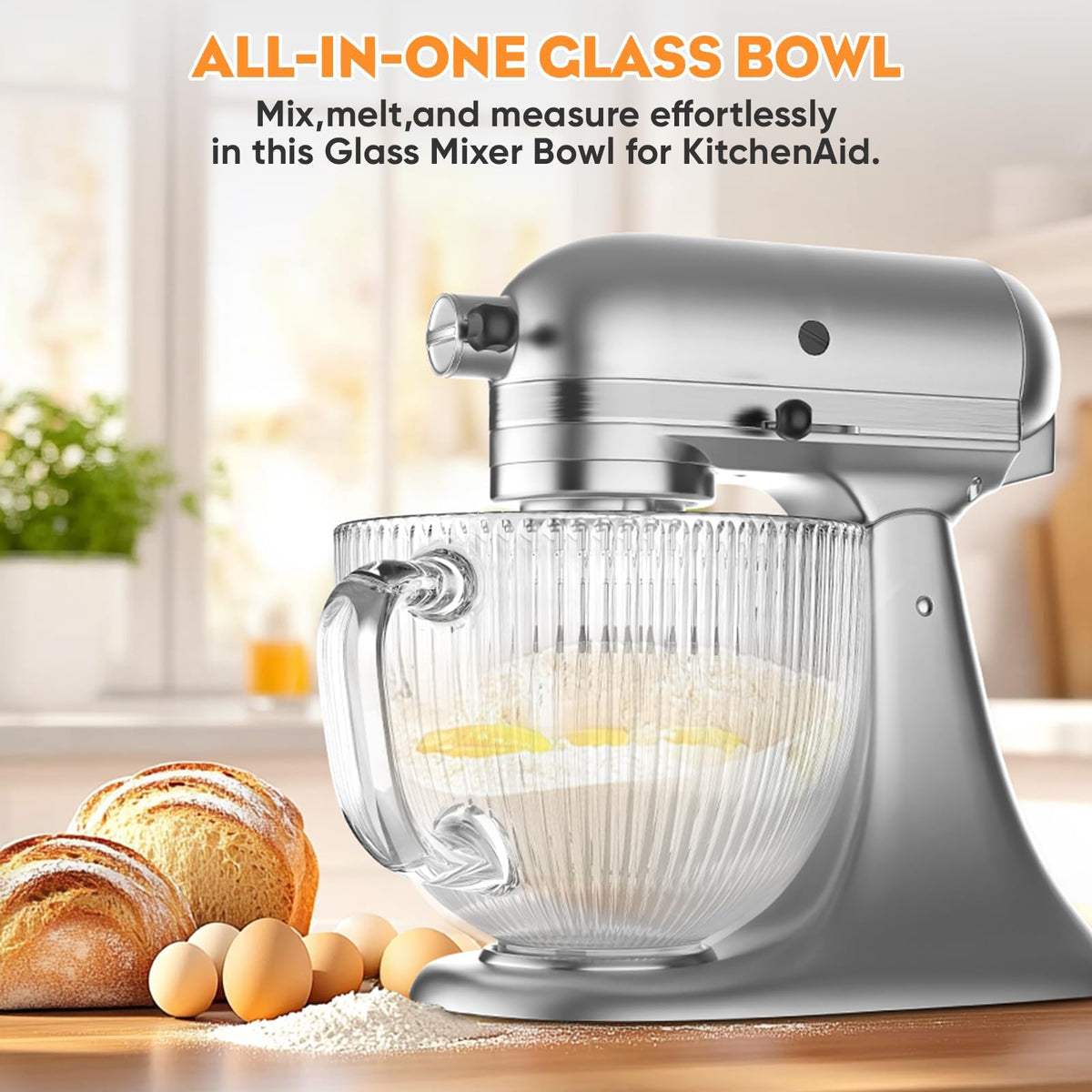 Cofun 4.5-5 quart glass bowl ready for tilt-head KitchenAid compatibility