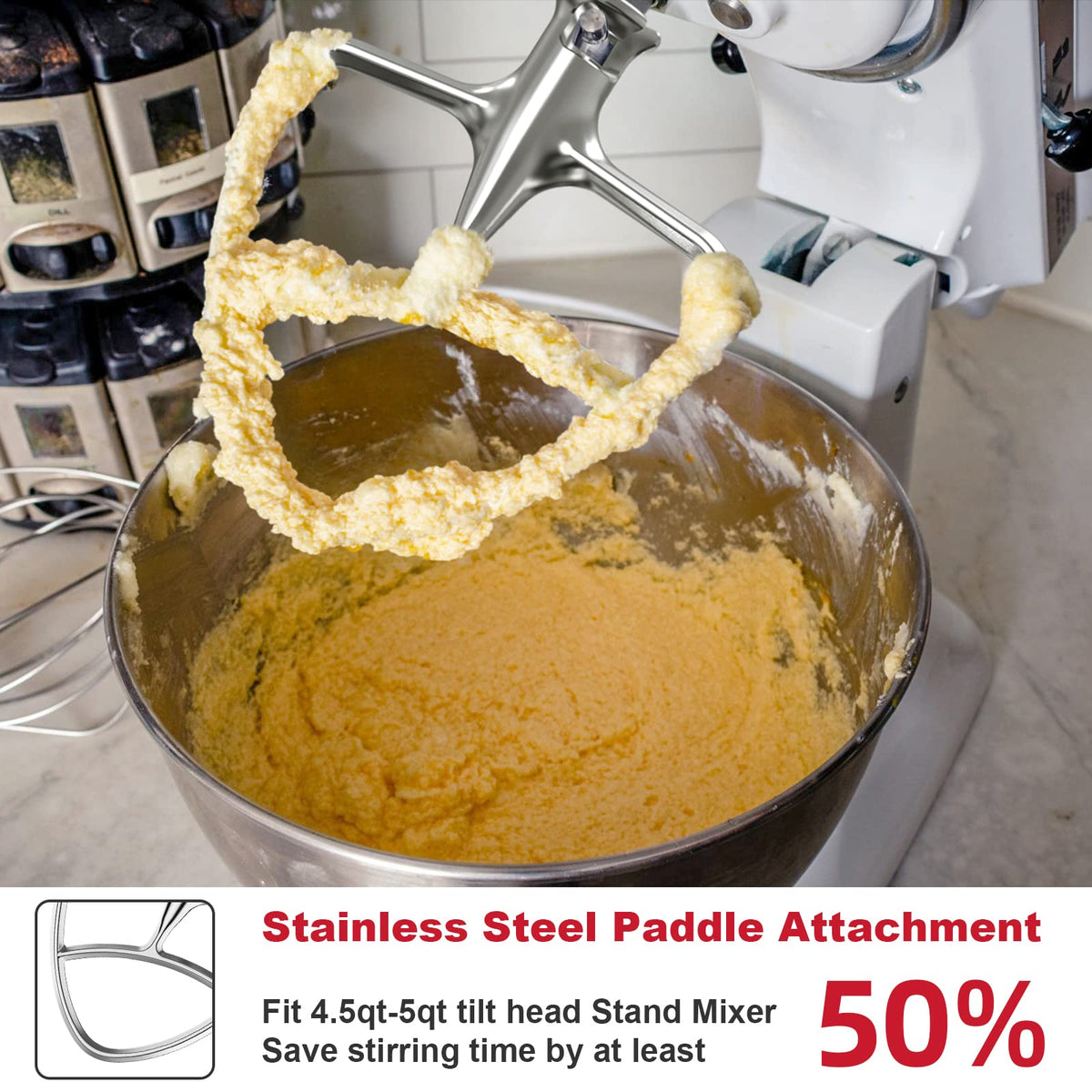 Cofun paddle fits 4.5–5 qt KitchenAid mixers for versatile use.