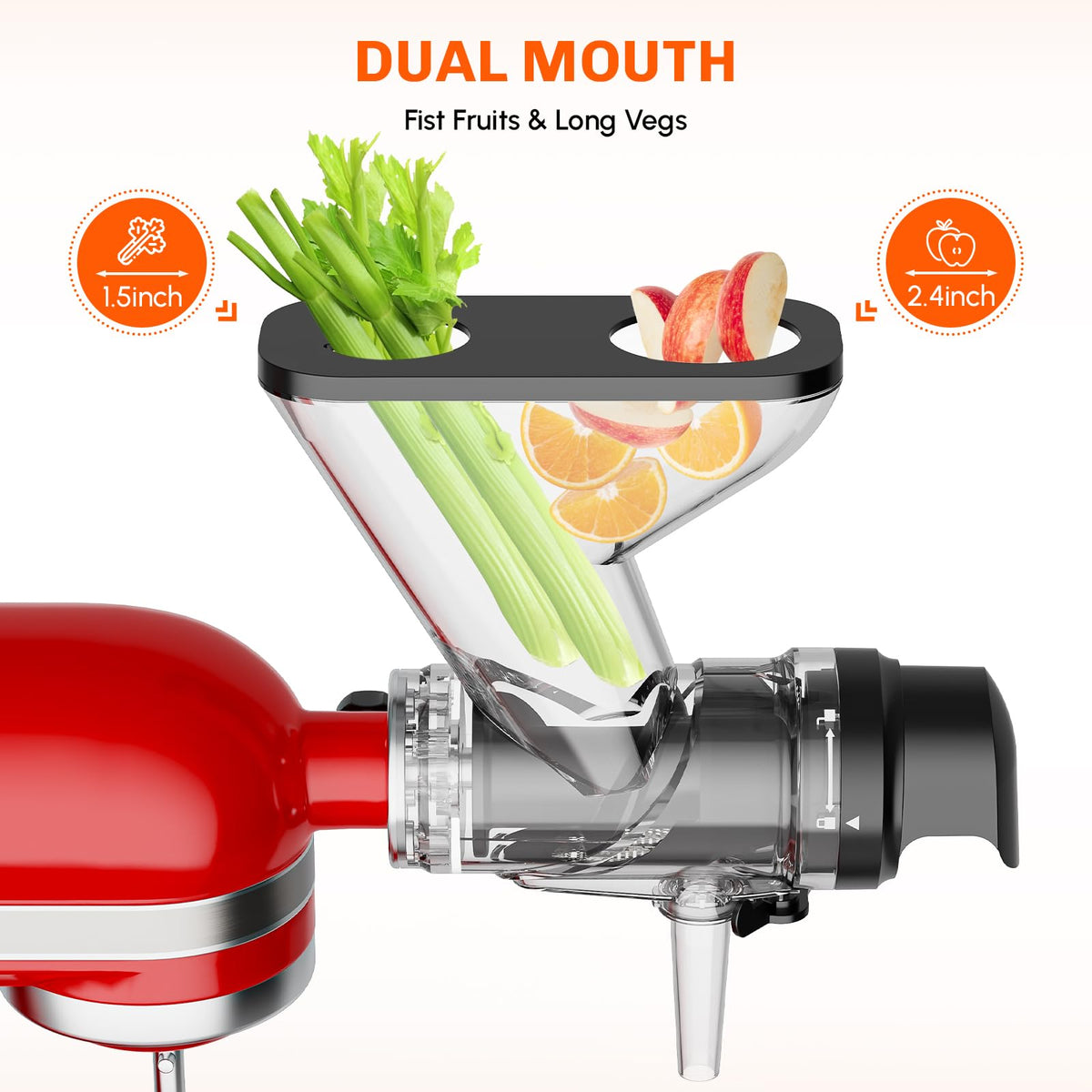 Cofun dual-feed chute juicer streamlines prep by handling large fruit chunks.