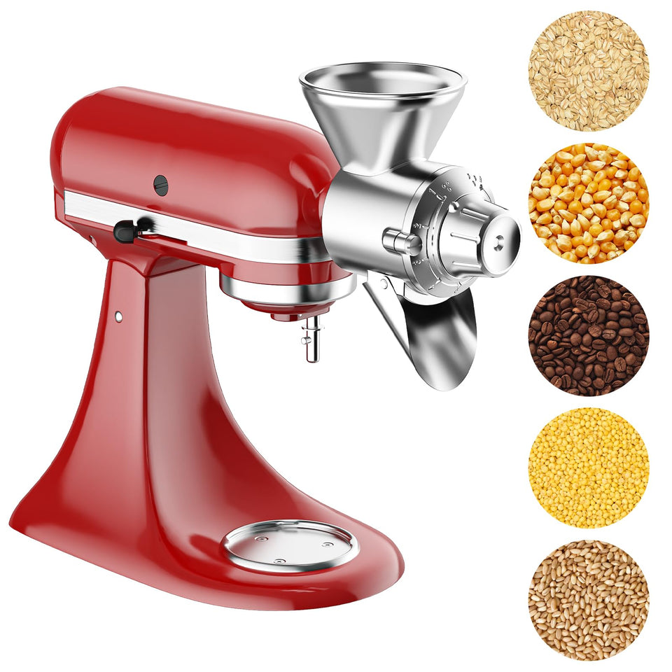 Cofun grain mill attachment on KitchenAid, front view for fresh flour.