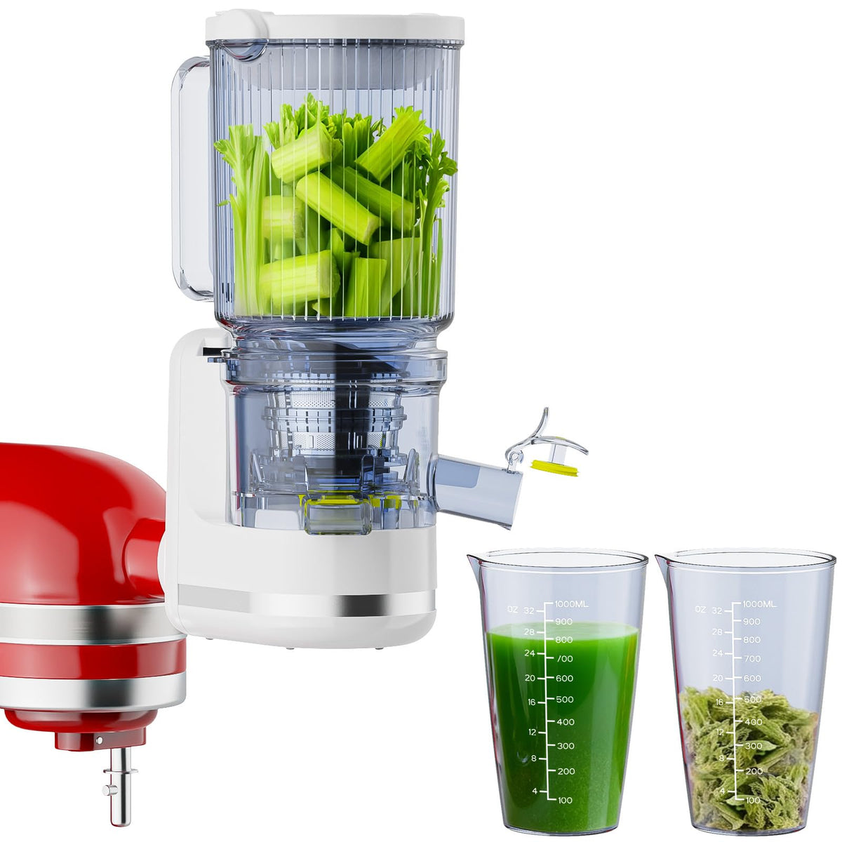 Cofun juicer attachment on KitchenAid, top view, adds compact juicing capability.
