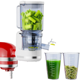Cofun juicer attachment on KitchenAid, top view, adds compact juicing capability.