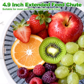 Cofun juicer attachment wide feed chute close-up handles whole fruits with ease.