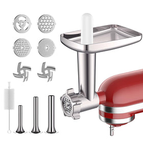 Cofun metal meat grinder attachment main unit connected to a KitchenAid mixer for versatile grinding.