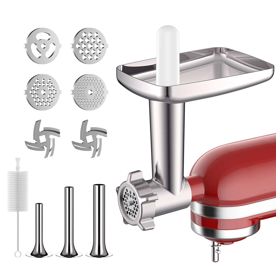 Cofun metal meat grinder attachment main unit connected to a KitchenAid mixer for versatile grinding.
