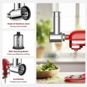 Cofun slicing and shredding blades on KitchenAid, texture variety.