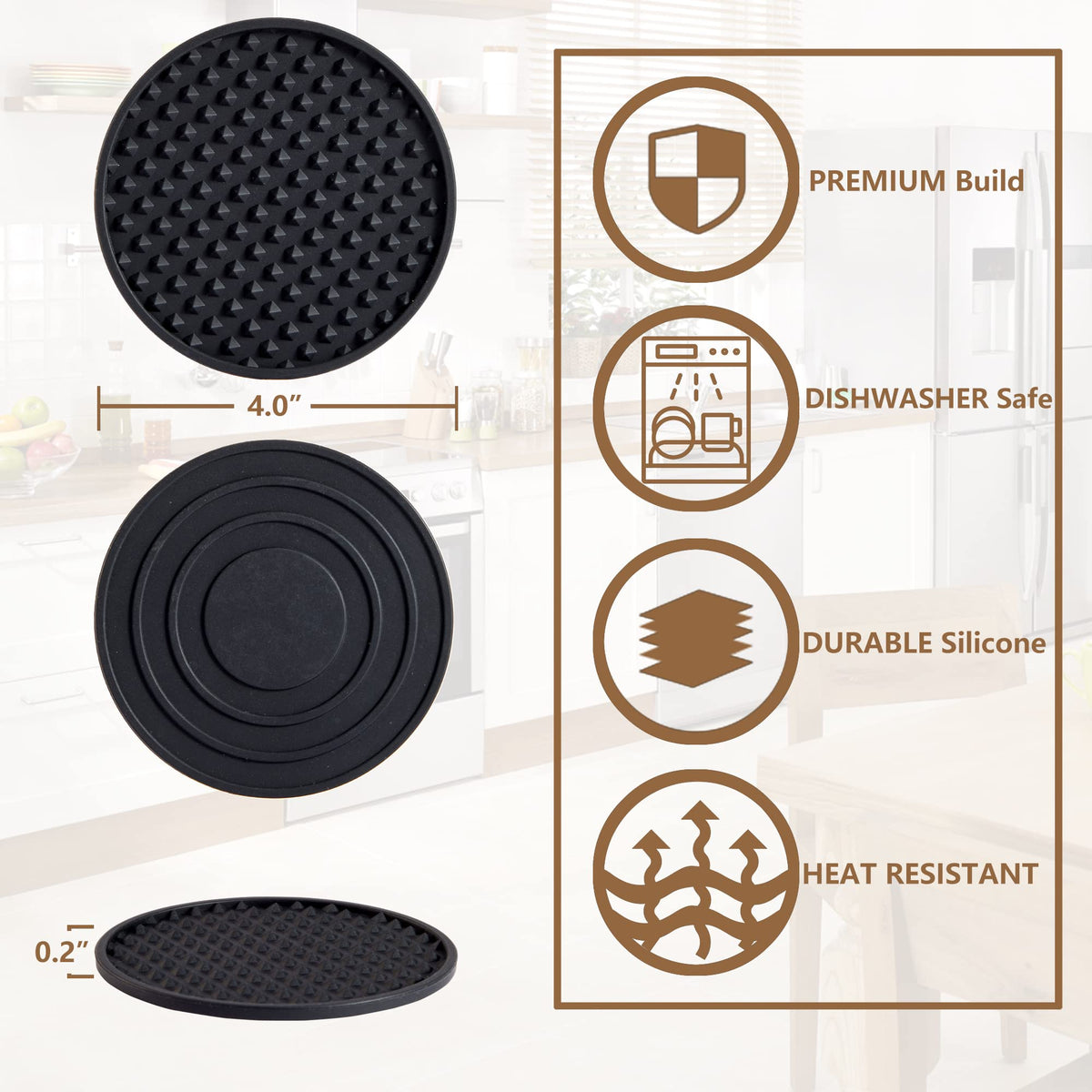Coga silicone coasters feature a non-slip pattern that helps prevent spills.