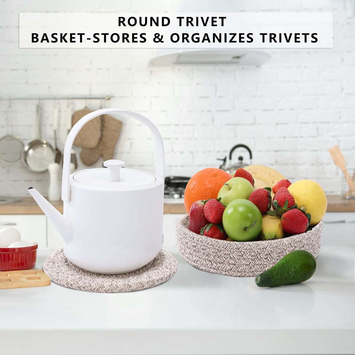 Coga Trivets stored in cotton basket organizer beside coffee station