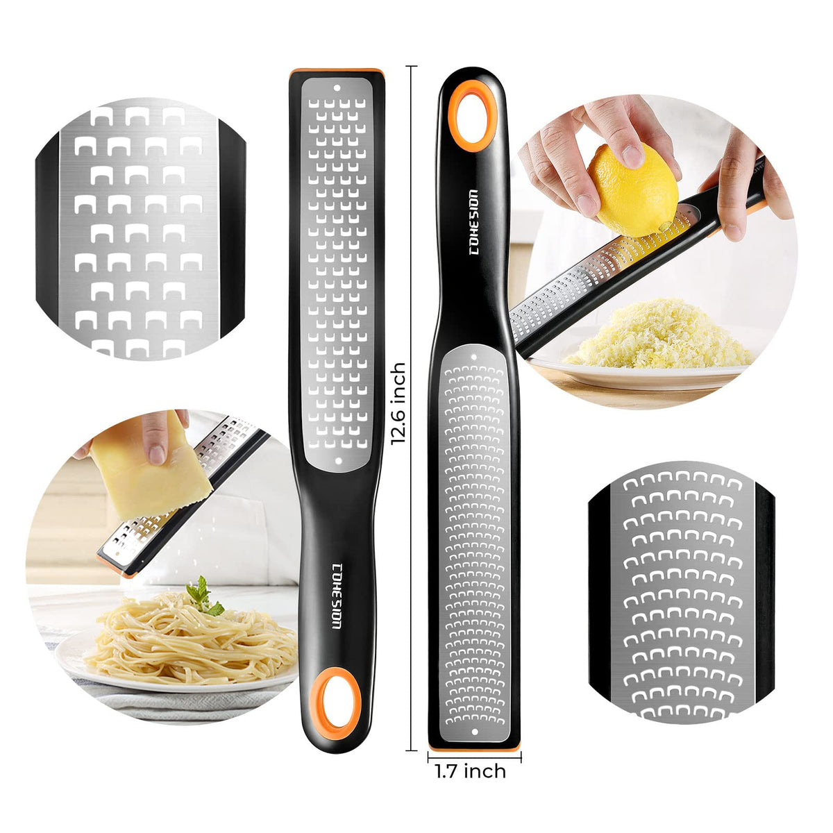 Cohesion zester and grater with snap-on cover for safe storage and cleanup