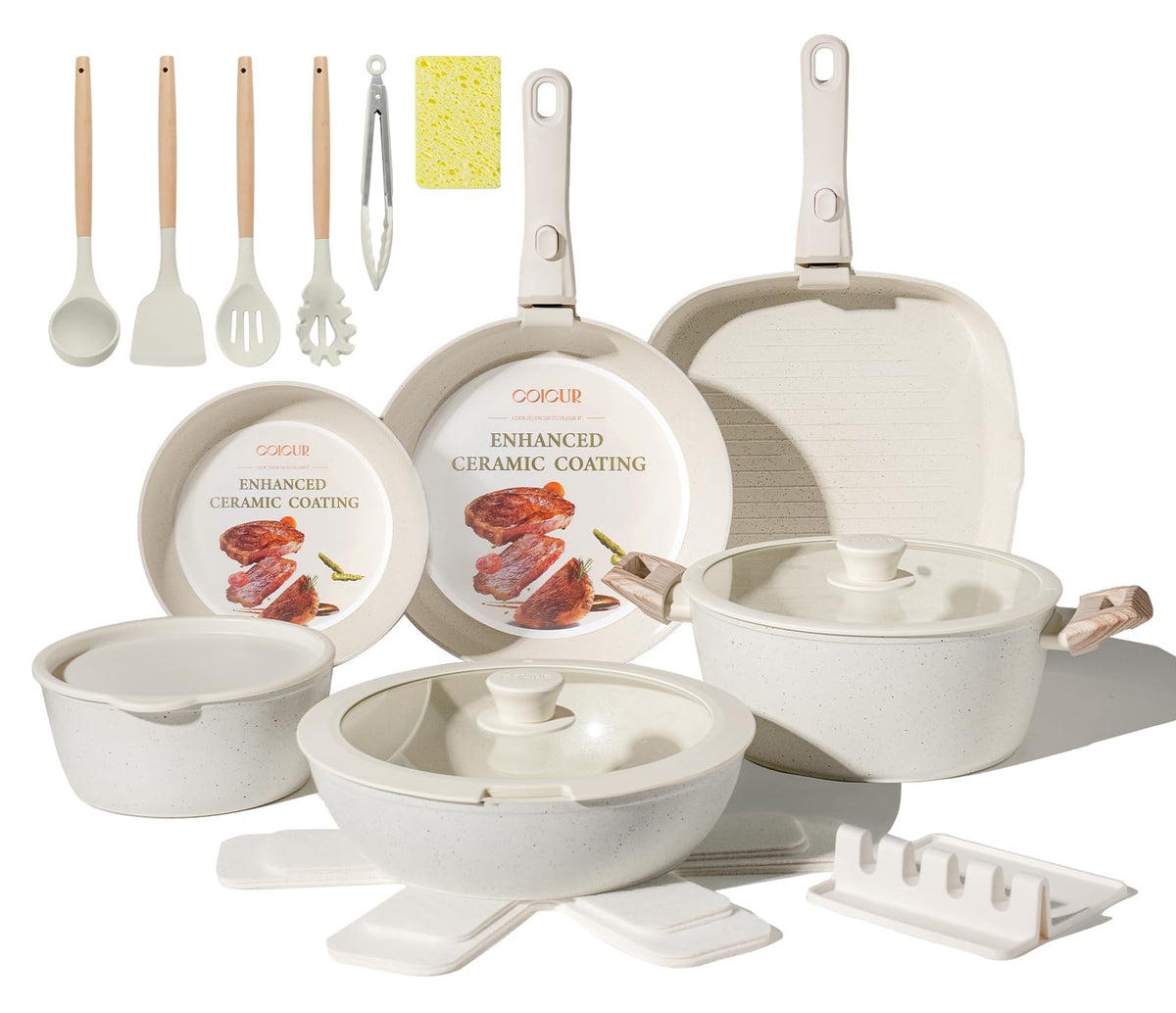 Coicur 23-piece ceramic cookware set overview for versatile cooking