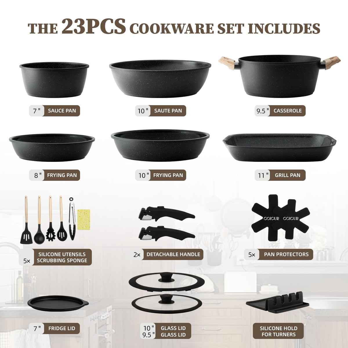 Coicur 23pcs ceramic cookware set detachable handle showing easy transfer from stove to oven