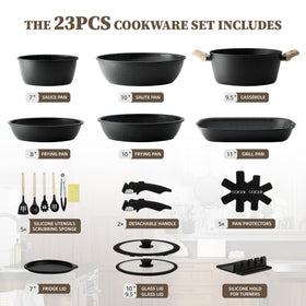 Coicur 23pcs ceramic cookware set detachable handle showing easy transfer from stove to oven