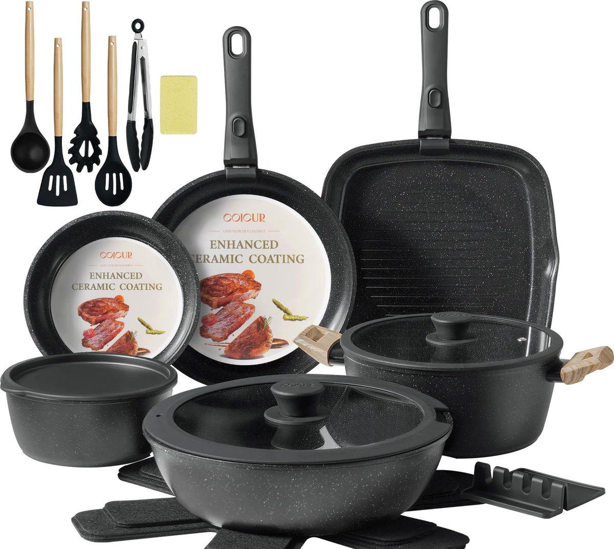 Coicur 23pcs ceramic cookware set overview with a sleek black non-stick finish for easy cooking