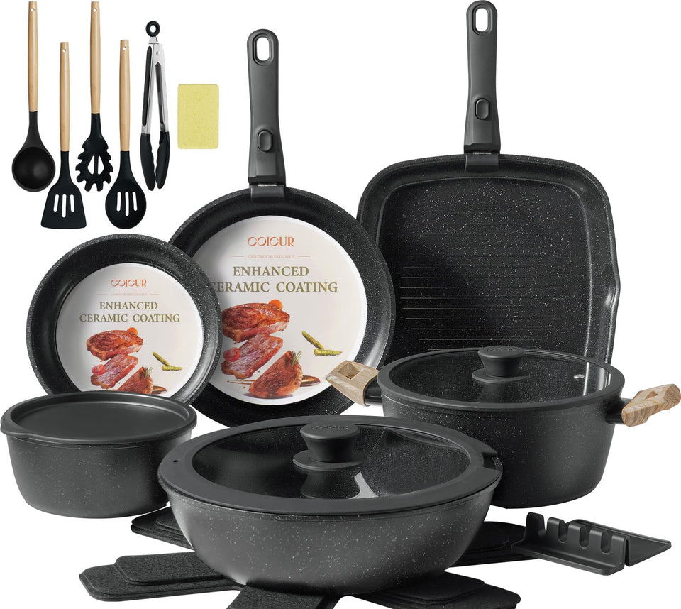 Coicur 23pcs ceramic cookware set overview with a sleek black non-stick finish for easy cooking