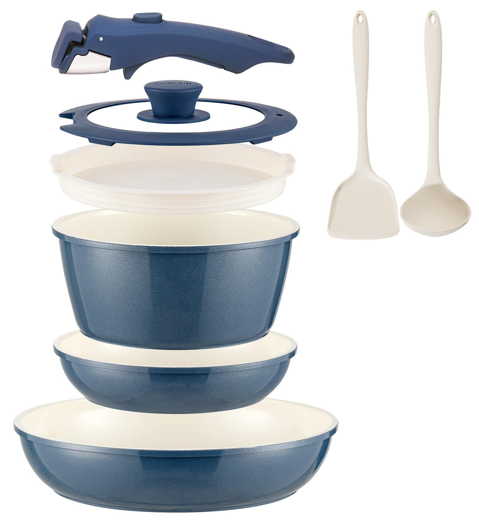 Coicur 8pc ceramic cookware set with navy finish and detachable handle for compact storage.