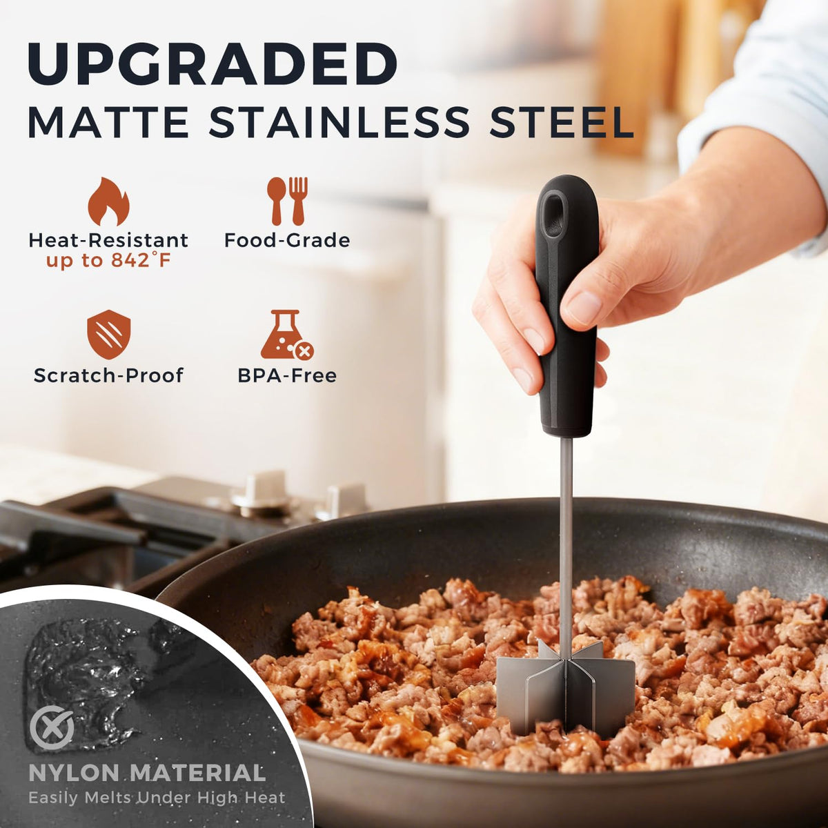 Coinicxcel 10-inch meat masher handle provides ample leverage and heat-safe control.