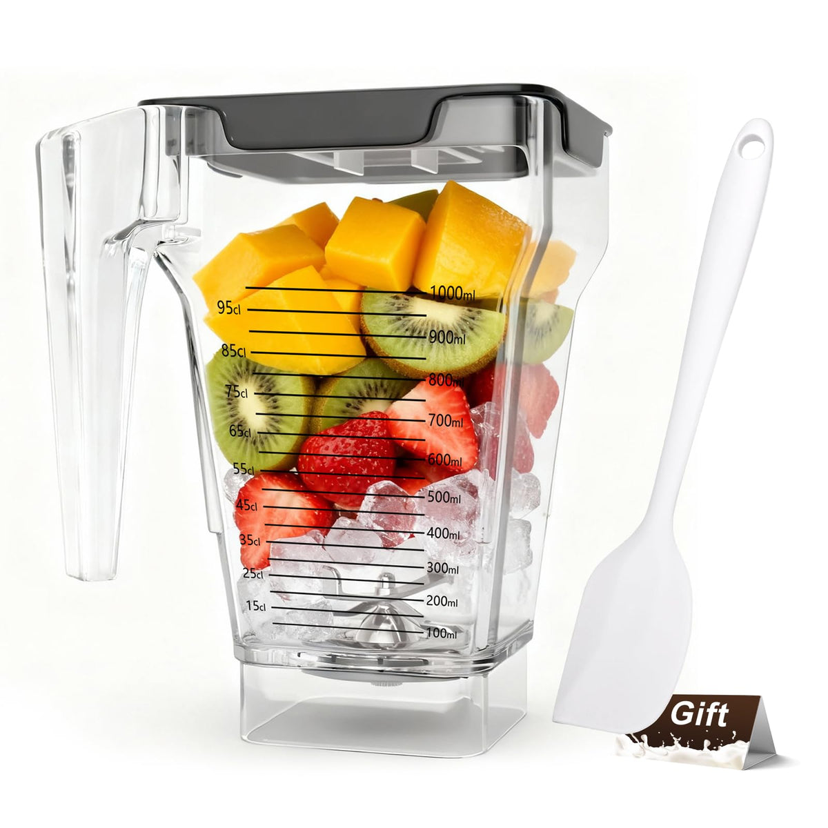 Coinsdans 75 oz blender jar front view in clear Tritan for durable blending.