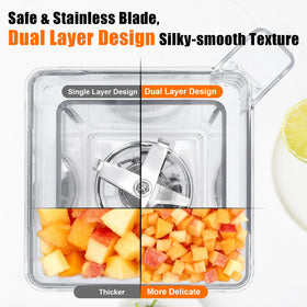 Coinsdans dual stainless blades close-up, showing efficient blending for smooth textures.