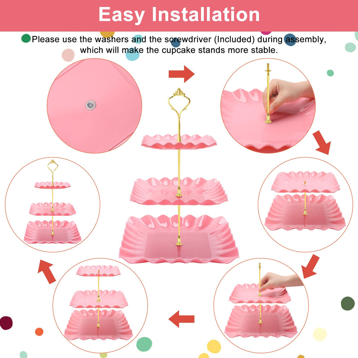 Coitak dessert tower display pink creates an elegant centerpiece.