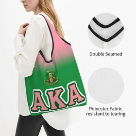 COKQU GGFF AKA tote bag held by long handles during shopping trip.