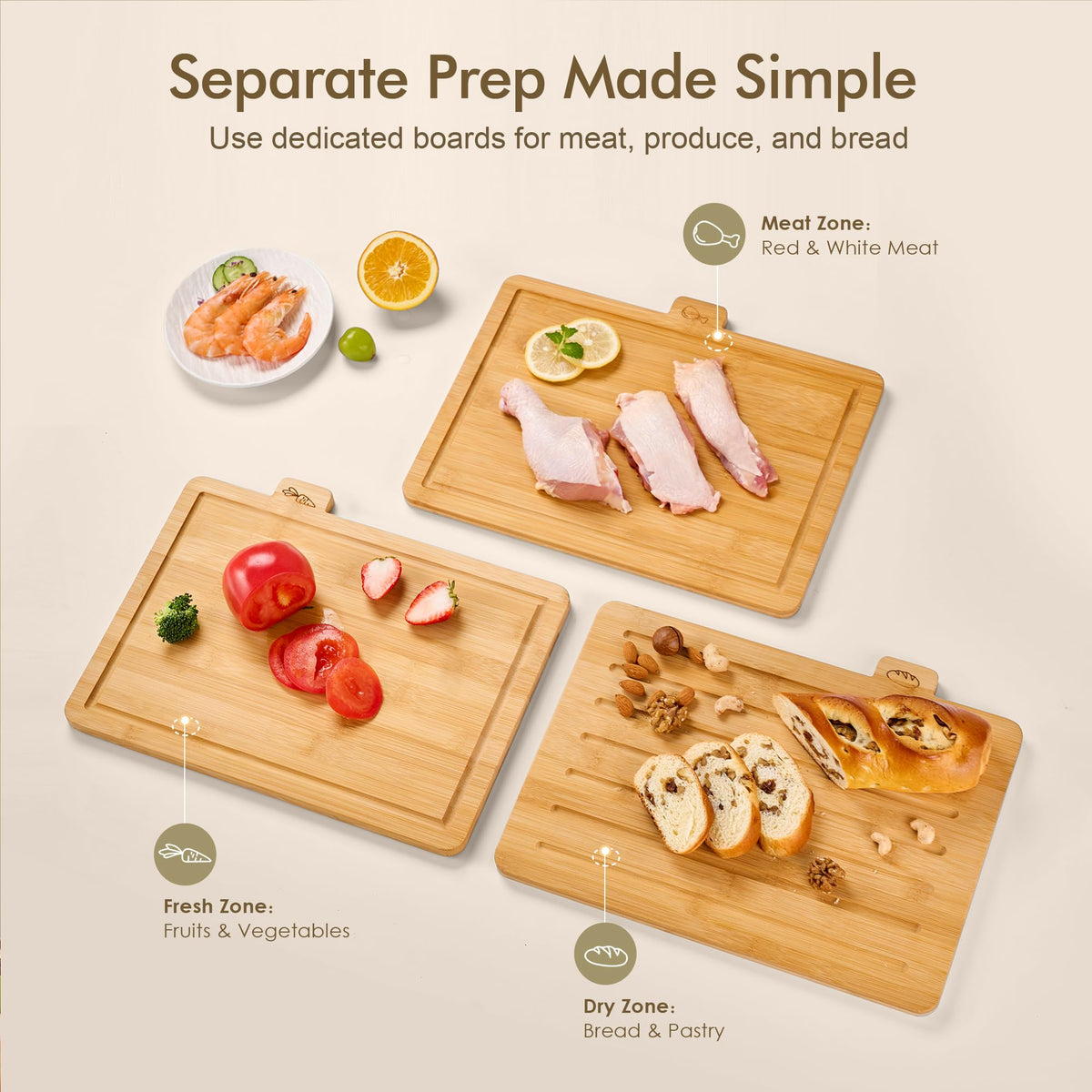 Coktaseleg bamboo cutting boards with bread icons for slicing and serving.