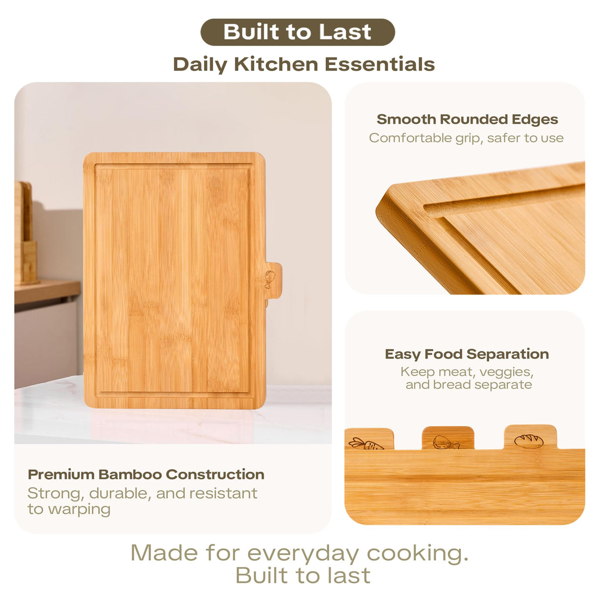 Coktaseleg bamboo cutting boards with juice groove to catch liquids.